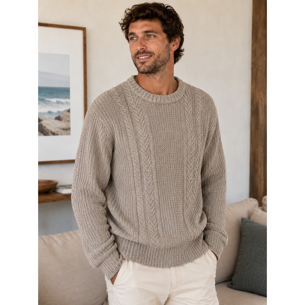 The Normal Brand Sweater Mens‎ M Beige Cable Knit Crewneck Wool Blend Pullover